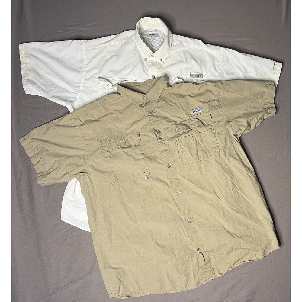 Columbia PFG Shirts Lot X2 Men's Size XL White & Beige Short Sleeve Button Up